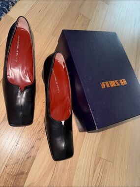 Vintage Le Zilla Giancarlo Paoli Black Leather Heeled Mules with Red Insole